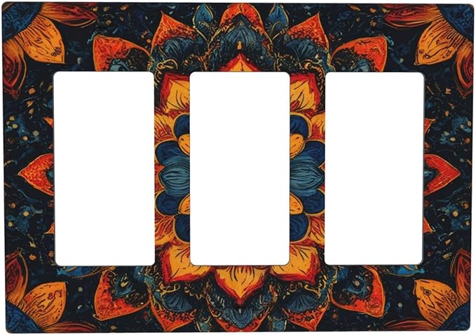 Colorful Oriental Floral Blooming Mandala Flower Triple Rocker Outlet Covers Decorative 3 Gang Wall Plate Gfci Light Switch Covers Electrical Receptacle Switchplate Plug Faceplate Bathroom