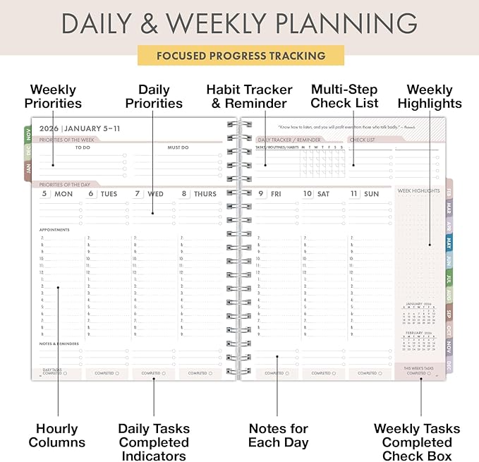 Essential PRO 2026 Daily, Weekly & Monthly Planner, 7"x9": 14 Months (Nov 2025 - Dec 2026) Monthly Tabs,Daily Tracking,Notes Pages,Storage Pocket,Bookmark w Sticky Notes (Tree Seasons)