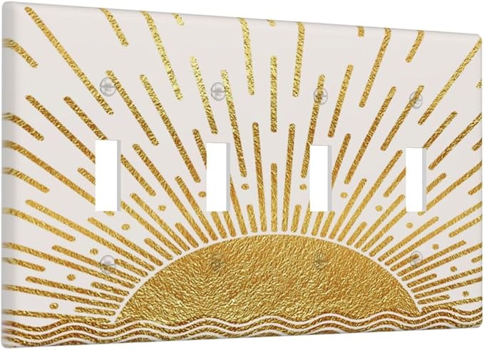 Mid Century Boho Golden Sun Sunrise Sunset Light Switch Covers Quad Toggle Electrical Faceplate 4 Gang Wall Plate Decorative Switch Plates for Bed Room Living Room Decor