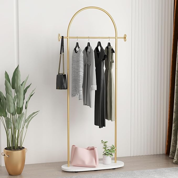 Gold Clothing Rack with Marble Base, Modern Gold Coat Racks Freestanding with 2 Hooks, Heavy Duty Clothes Rack, Coat Rack Stand for Entryway, Bedroom, Living Room, Boutiques