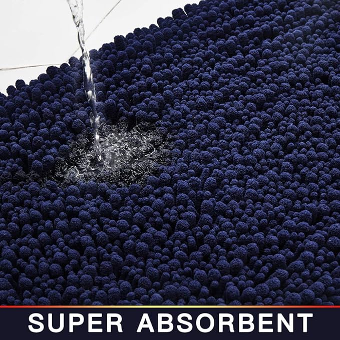 Walensee Bathroom Rug Non Slip Bath Mat (44x24 Inch Navy) Water Absorbent Super Soft Shaggy Chenille Machine Washable Dry Extra Thick Perfect Absorbant Best Large Plush Carpet for Shower Floor
