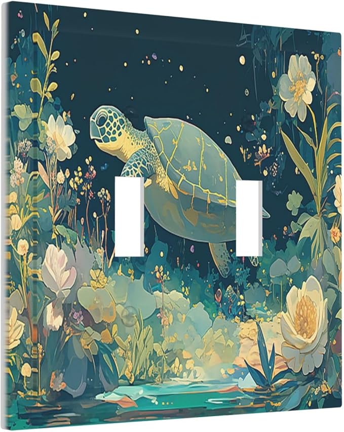 Decorative Switch Plates Fantasy Sea World Sea Turtle Floral Plant 2 Gang Double Toggle Outlet Light Switch Cover Wall Plate Electrical Faceplate for Kids Room Nursery Decor