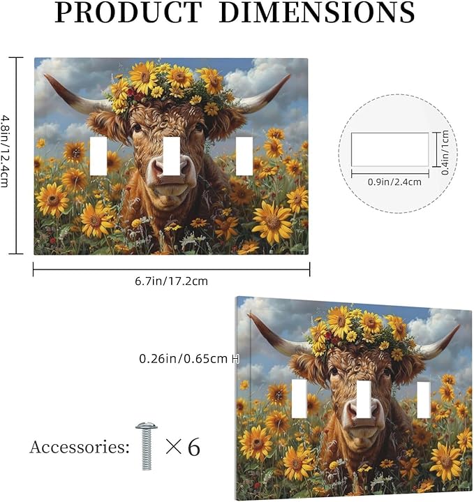 Decorative Switch Plates Vintage Sunflower Highland Cow Rustic Art 3 Gang Wall Plate Triple Toggle Light Switch Cover Faceplate Electrical Wall Panels for Bedroom Farmhouse Decor