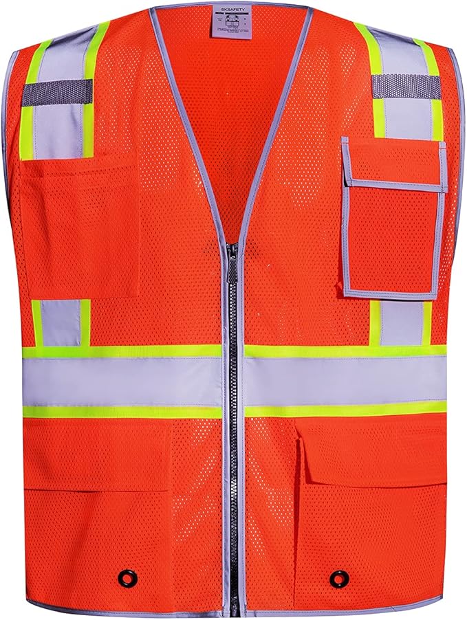 SKSAFETY 10 Pockets Safety Vest, Class 2 High Visibility Security with Zipper Double-sided mesh, Hi Vis Vest with Reflective Strips, ANSI/ISEA Standard, Construction Work Vest （Orange, 4XL）