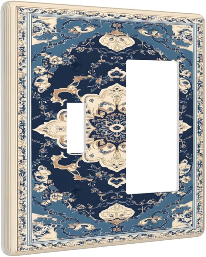 Decorative Outlet Covers Boho Beige Navy Blue Medallion 2-Gang Combo Light Switch Cover Plate Single Toggle/Rocker Wall Plate Plug Switch Plate Covers for Country Bathroom Bedroom Decor