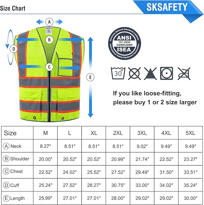 SKSAFETY 10 Pockets Safety Vest, Class 2 High Visibility Security with Zipper, Hi Vis Vest with Reflective Strips, ANSI/ISEA Standard, Construction Work Vest for Men ＆ Women （Lime, 5XL）