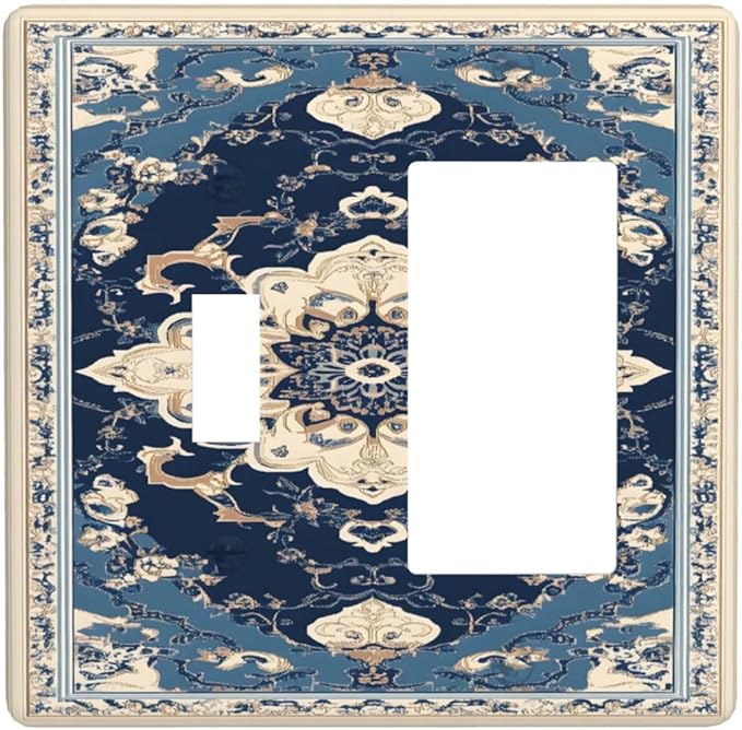 Decorative Outlet Covers Boho Beige Navy Blue Medallion 2-Gang Combo Light Switch Cover Plate Single Toggle/Rocker Wall Plate Plug Switch Plate Covers for Country Bathroom Bedroom Decor