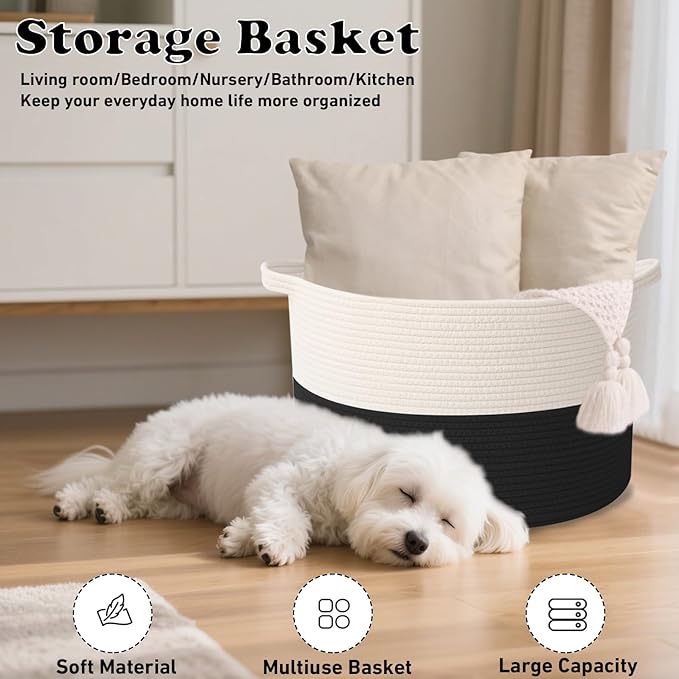 Large Storage Basket with Handle,19.7" L x 19.7" W x 13" H Blanket Basket Storage Bins for Organizing,65L Cotton Rope Woven Baskets for Living Room, Nursery ,Bedroom,White&Black