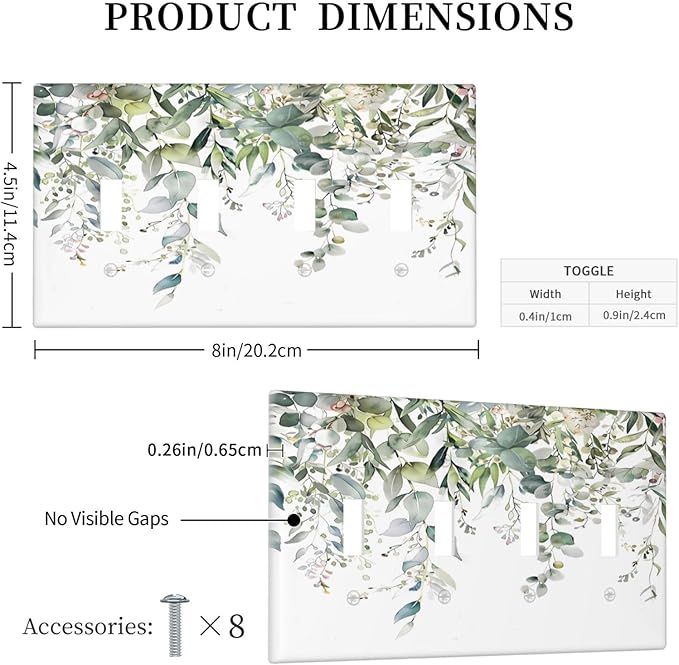 Sage Green Watercolor Eucalyptus Leaves Floral Flowers Light Switch Covers Quad Toggle Electrical Faceplate 4 Gang Wall Plate Decorative Switch Plates for Farmhouse Bed Room Decor