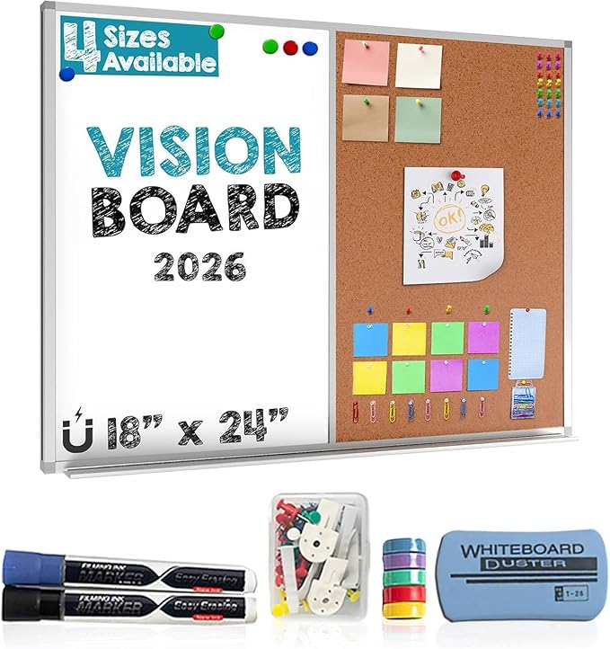 Cork and White Board Combo 18x24” – Magnetic Bulletin Board for Wall – Dry Erase & Corkboard for Home Office Vision Planning Message Display – Wall Mounted Organizer Board