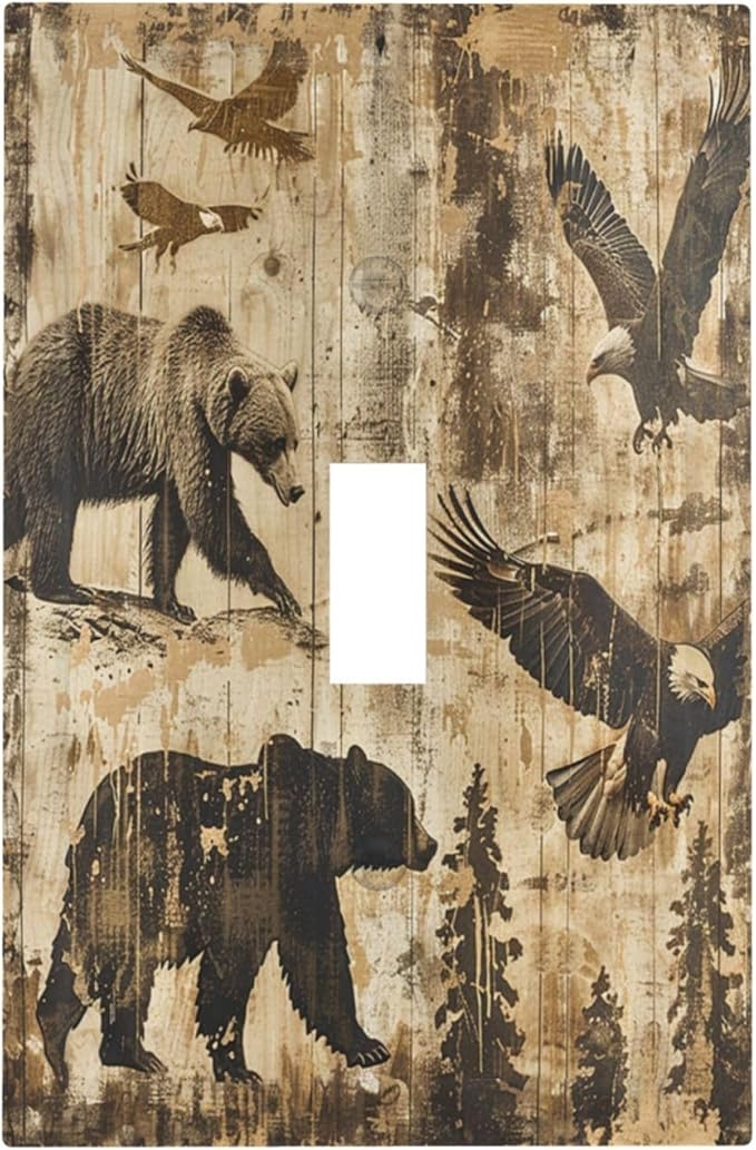 Decorative Light Switch Cover Vintage Cabin Wildlife Animal Bear Eagle Forest 1 Gang Single Toggle Device Electrical Faceplate Switchplates Decorator Outlet Wall Plate for Farmhouse Bedroom