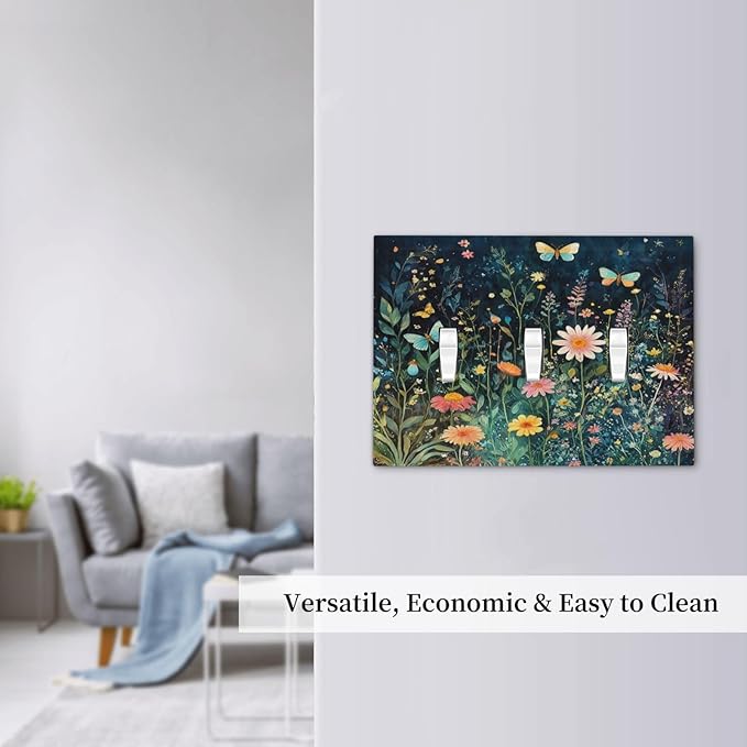 Decorative Switch Plates Boho Vintage Floral Flower Butterfly 3 Gang Wall Plate Triple Toggle Light Switch Cover Faceplate Electrical Wall Panels for Bedroom Home Decor