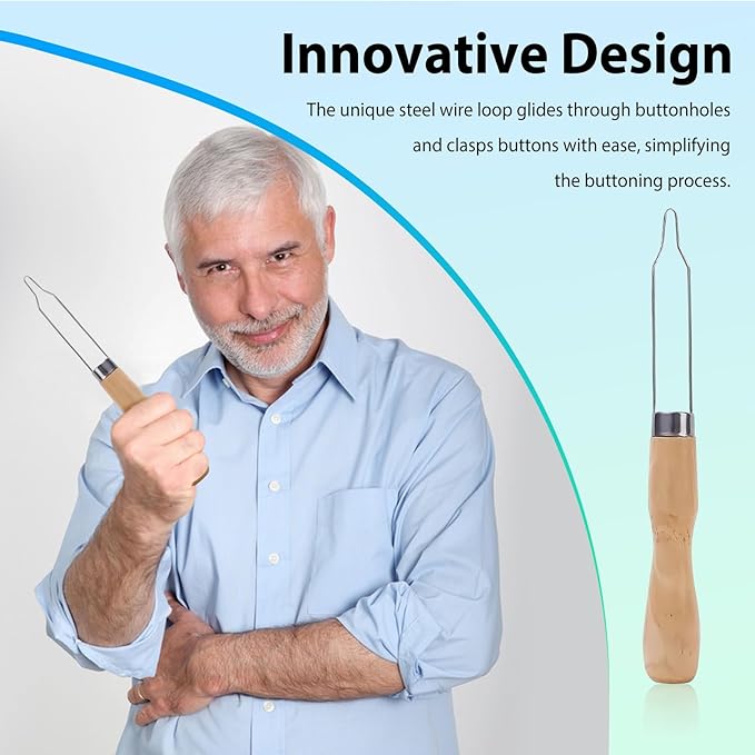 2pcs Button Hook Assist Device with Easy-Grip Wooden Handle for Shirts, Coats, Dresses - Ideal Button Aids for Arthritis & Limited Dexterity Fine Tip