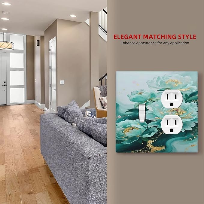 Decorative Outlet Covers Gold Green Floral Gilt Marble Flower 2 Gang Duplex Light Switch Cover Plate Gfci Wall Plate Plug Switch Plate Covers for Bathroom Decor