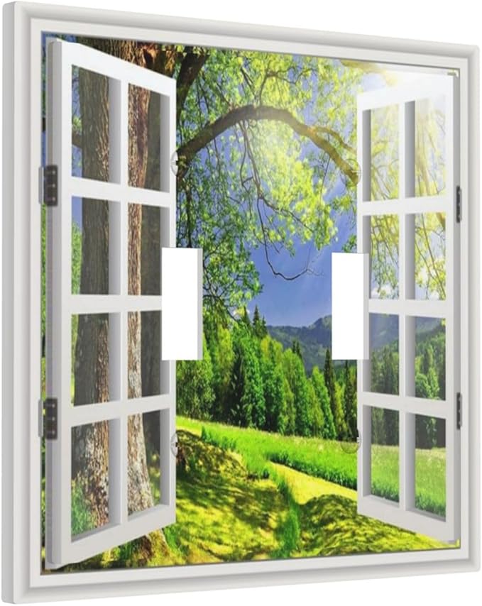 Light Switch Cover Window View Green Rustic Nature Wilderness 2 Gang Wall Plate Double Light Switch Plate Toggle Decorative Outlet Covers Electrical Switchplate for Bathroom Bedroom Decor