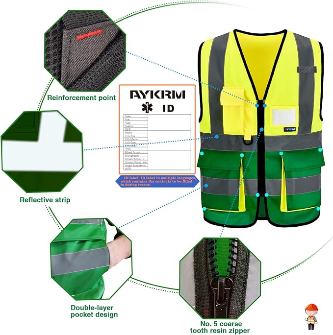 A-SAFETY High Visibility Safety Reflective Vest with Pockets and Zipper,Hi Viz Work Vest for Men Women (Yellow&Green Small)