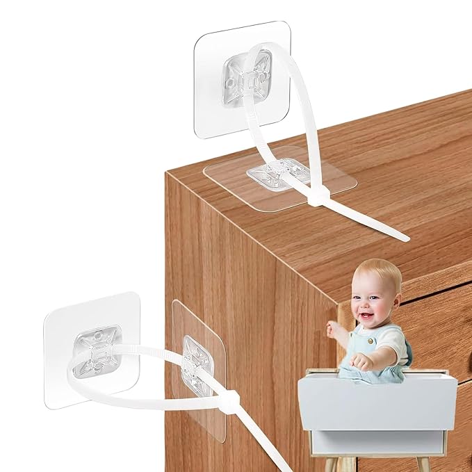 No Drill Furniture Anchors Adhesive (10 Packs) for Baby Proofing, Adjustable Anti-Tip Furniture Wall Safety Straps for Child, Keep Toddlers & Pets Safe from Falling Furniture Like Dresser & Bookshelf