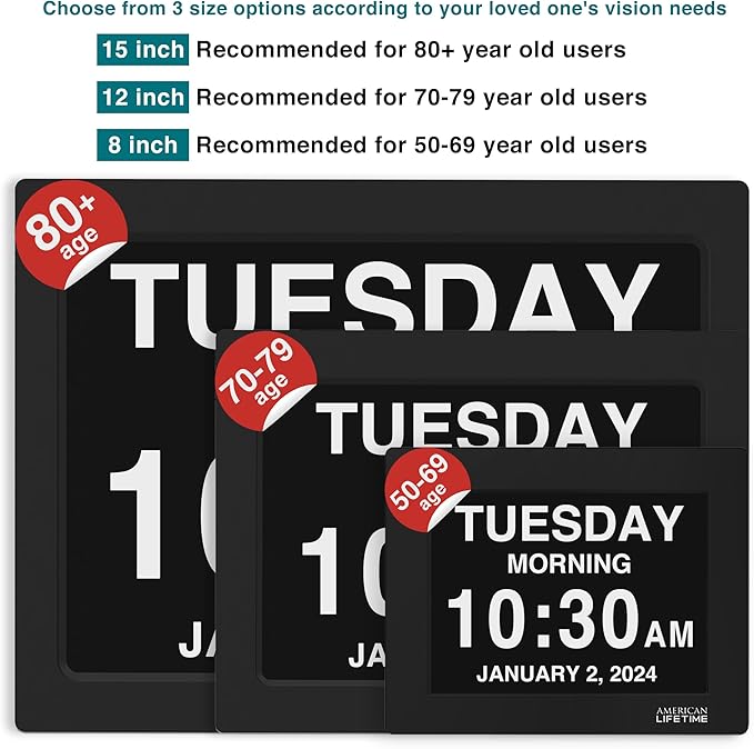 American Lifetime New 2025 Dementia Clock Large Digital Clock for Seniors, Alzheimer Clock Large Display with Custom Alarms, Clock with Day & Date for Elderly, Big Number Digital Calendar Black