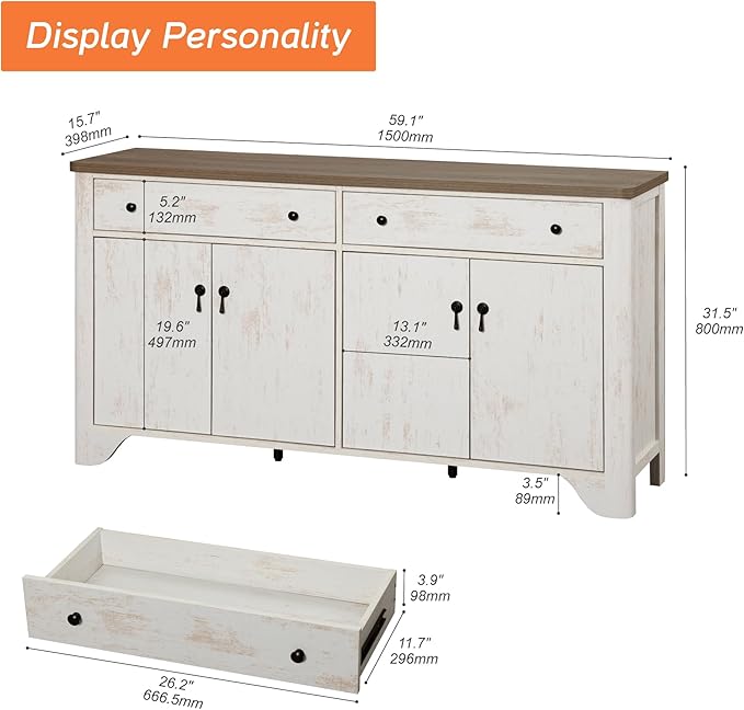 WAMPAT Farmhouse TV Stand with 2 Drawers and Storage Cabinets, Wood Entertainment Center for 65 inch TV, Adjustable Shelves, Entertainment Center TV Console Table for Living Room, Bedroom, 59'', White