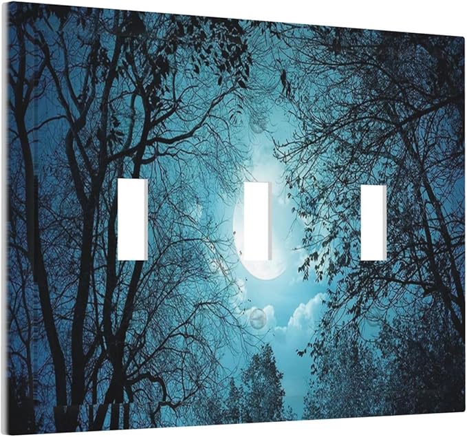 Light Switch Cover Teal Full Moon Forest 3 Gang Wall Plate Triple Light Switch Plate Turquoise Toggle Decorative Outlet Covers Electrical Switchplate for Bathroom Bedroom Decor