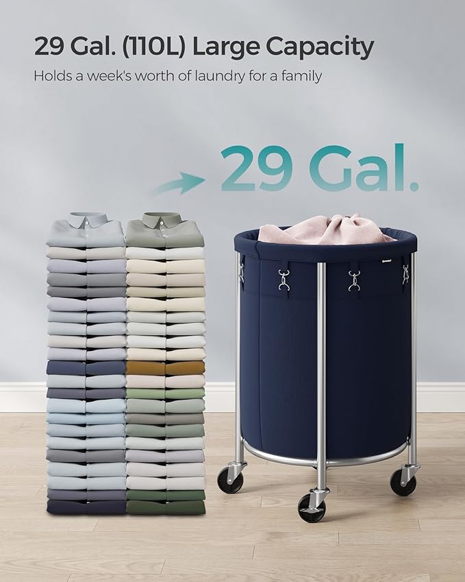 SONGMICS 29-Gallon (110 L) Laundry Basket with Wheels, Rolling Round Heavy-Duty Laundry Hamper Cart with Steel Frame and Removable Bag, 2 Locking Wheels, Charcoal Blue and Metallic Silver URLS002Q01