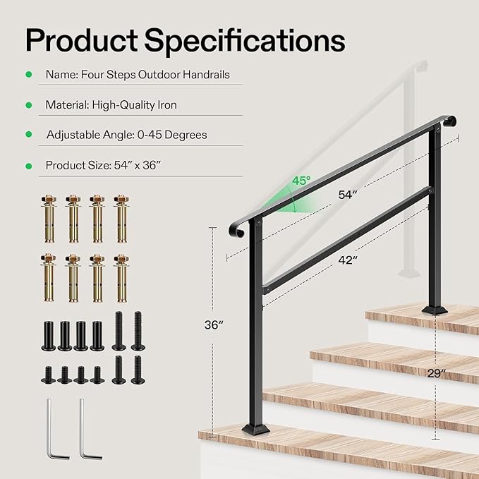 VIVOSUN Outdoor Handrail, 54" x 36" Fits 1-4 Steps, Wrought Iron Stair Railing with Curved Ends, One-Step Assembly, Black