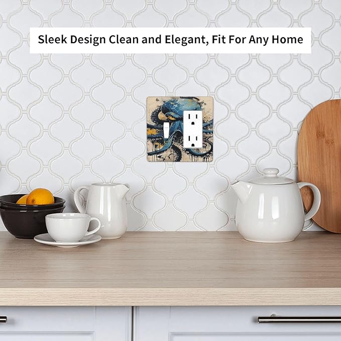Outlet Covers Nautical Vintage Blue Octopus Yellow Eyes Oil Watercolor 1 Toggle 1 Rocker Combination Decorative Wall Plate Electrical Switch Plates Light Switch Cover Plate for Kids room
