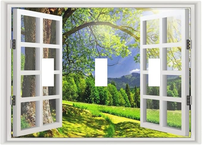 Light Switch Cover Window View Green Rustic Nature Wilderness 3 Gang Wall Plate Triple Light Switch Plate Toggle Decorative Outlet Covers Electrical Switchplate for Bathroom Bedroom Decor