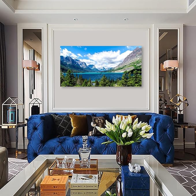 Landscape Saint Mary Lake Canvas Wall Art for Living Room Wall Decor Glacier National Park Canvas Pictures Blue Sky Mountain Forest Nature Scene Painting Artwork Home Office Decorations 20" x 40"