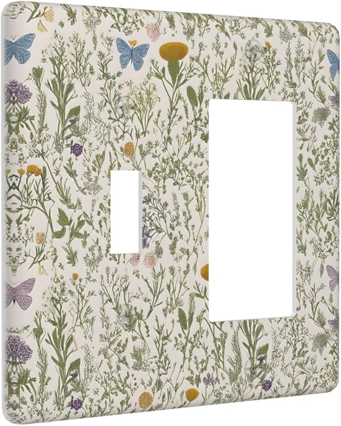 Floral Vintage Garden Plants Herbs Flower Botanical Outlet Covers 2 Gang Combin Light Switch Covers Decorative Mustard Green Toggle Rocker/Decora Wall Plate Electrical Receptacle Switchplate