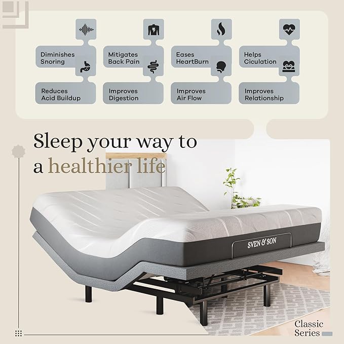 Sven & Son Classic Adjustable Bed Base, Head and Foot Lift, Massage, Under-Bed Lights, USB, Gel Memory, Zero Gravity Smart Frame - King + 14 inch Hybrid Spring Matt (Medium Soft)