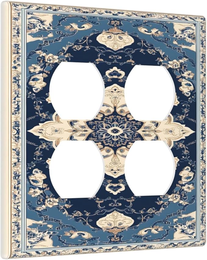 Decorative Switch Plate Covers Boho Beige Navy Blue Medallion 2 Gang Outlet Covers Double Duplex Light Switch Cover Plate Gfci Wall Plate for Country Bathroom Bedroom Decor