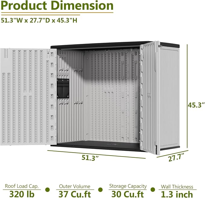 HOMSPARK 37 Cu.Ft Outdoor Storage Shed Weather Resistant, Multi Functional | Double-Wall Resin Storage Sheds & Outdoor Storage Box Waterproof for Backyard Garden Patio Lawn (Light-Grey)