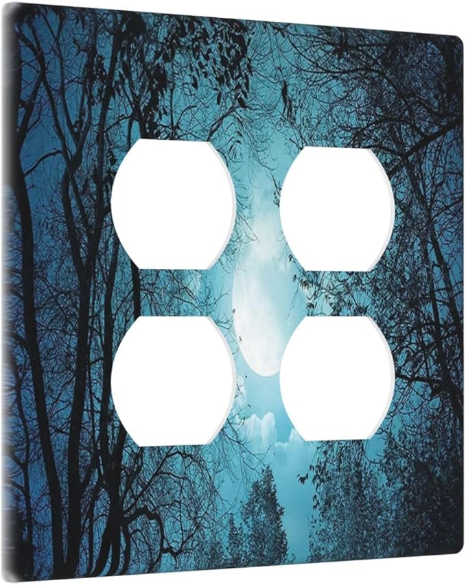 Decorative Light Switch Cover Plate Teal Full Moon Forest Turquoise 2 Gang Socket Covers Double Duplex Wallplates Switch Plates and Outlet Covers for Bathroom Bedroom Decor