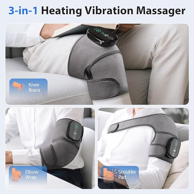Heated Knee Massager, Foot Massager with Heat, Shoulder Massagers with Heat, Knees Warmers Wrap, 3-in-1 Vibration Heating Pad for Knee, Shoulder, and Elbow, Adjustable Size, Gifts for Dad Mom (Grey)