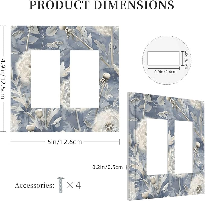 Blue Dandelion Vintage Floral Boho Flower Decorative Outlet Covers 2 Gang Double GFCI Rocker Electrical Wall Panels Light Switch Cover Plate for Bedroom Living Room Home Decor