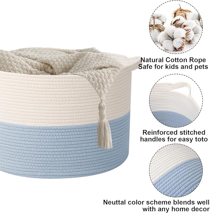 Large Storage Basket with Handle,23.6" x 23.6" x 15.7" Blanket Basket Storage Bins for Organizing,65L Cotton Rope Woven Baskets for Living Room, Nursery ,Bedroom,White&Blue