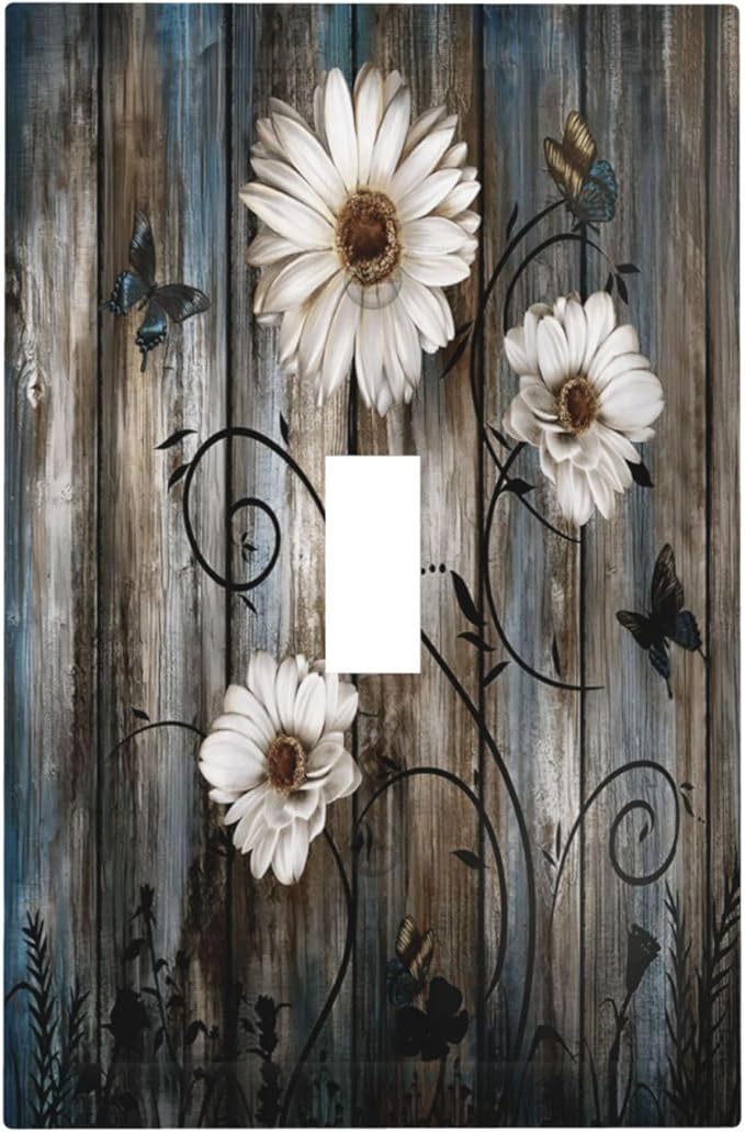 Rustic Wood Background Floral Butterfly Daisy Decorative Light Switch Cover 1 Gang Single Toggle Device Electrical Faceplate Switchplates Decorator Outlet Wall Plate for Farmhouse Bedroom Decor