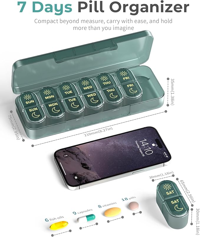 𝐏𝐢𝐥𝐥 𝐎𝐫𝐠𝐚𝐧𝐢𝐳𝐞𝐫 𝟐 𝐓𝐢𝐦𝐞𝐬 𝐚 𝐃𝐚𝐲, Am & Pm Pill Organizer 7 Days, Meicine Pill Organinzer, Pill Box 7 Day, Weekly Pill Organizer for Travel, Vitamins, Fish Oils, Supplements