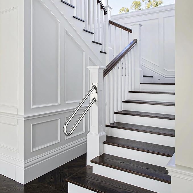 28 Inch Stainless Steel Handrail for 1-5 Steps- 1.25" Tube, ZUEXT Chrome Finished U Shape Safety Grab Bar for Stairs, Wall Mount Handicap Hand Railing for Outdoor Garage Interior Exterior Stairway
