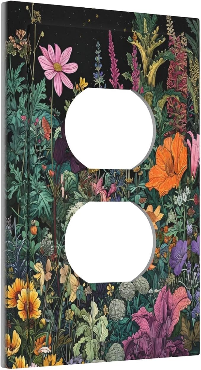 Outlet Covers Colorful Floral Dark Sky Wildflower Plants Decorative 1 Gang Duplex Light Switch Cover Plate Receptacle Wall Plate Electrical Switch Plate Covers for Bathroom Decor
