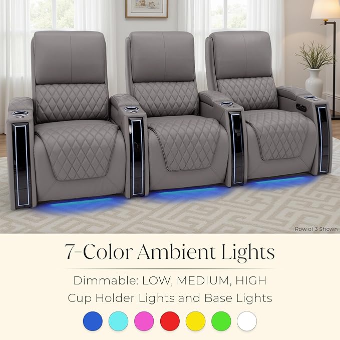 Seatcraft Apex Zero-Gravity CoolZero Italian Leather Home Theater Seating, Powered Headrest, Powered Lumbar, Powered Recline, Row of 3 Right Loveseat, Gray