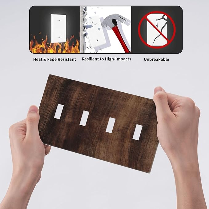 Decorative Switch Plate Covers Rustic Farmhouse Brown Wood Barn Door 4 Gang Light Switch Cover Plate Quad Toggle Wall Plate Light Switch Covers for Bathroom Decor