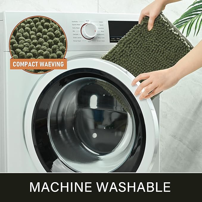 LOCHAS Luxury Bathroom Rug Shaggy Bath Mat 24 x 60 Inch, Washable Non Slip Bath Rugs for Bathroom Shower, Soft Plush Chenille Absorbent Carpets Mats, Olive Green