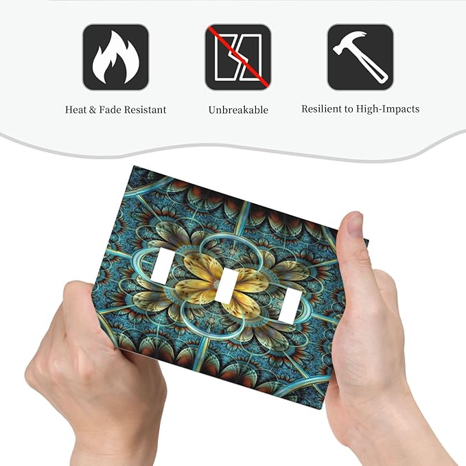 Light Switch Cover Boho Fractal Mandala 3 Gang Wall Plate Triple Light Switch Plate Bohemia Toggle Decorative Outlet Covers Electrical Switchplate for Bathroom Bedroom Decor