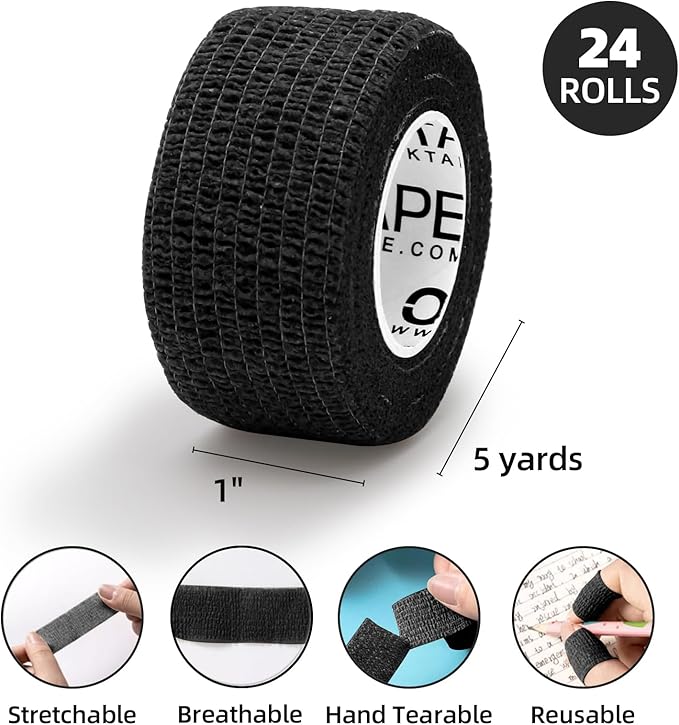 OK TAPE Self Adherent Cohesive Bandages Wrap - 24Packs, 1" x 5 Yards, Non-Woven Self Adhesive Bandage Wrap for Thumb, Finger, Wrist, Ankle, Vet Wrap Bandages Tape (Black)