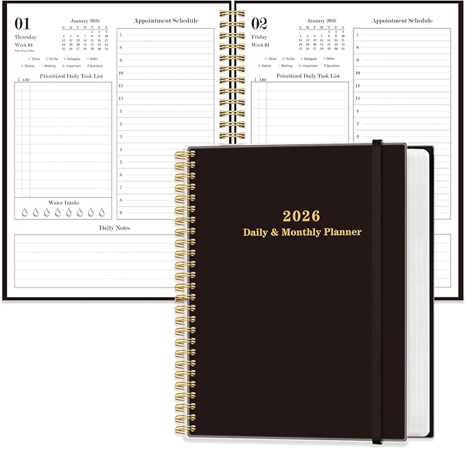 Daily Planner 2026 - Full Page Per Day, Jan 2026 to Dec 2026, 2026 Daily Planner with Spiral Bound, Inner Pocket, Perfect for School Office Supplies, 7'' x 10'', Black
