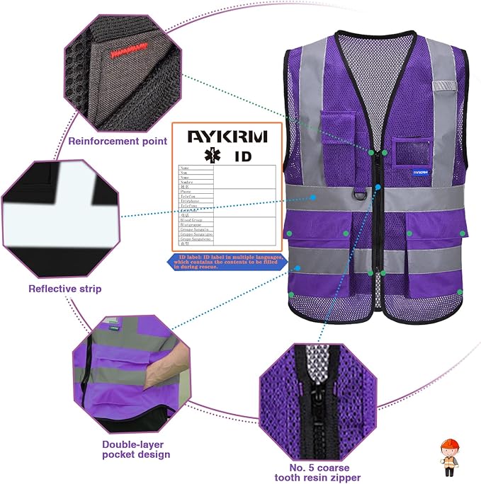 A-SAFETY High Visibility Mesh Safety Reflective Vest with Pockets and Zipper,Hi Viz Work Vest for Men Women (Purple Mesh S)