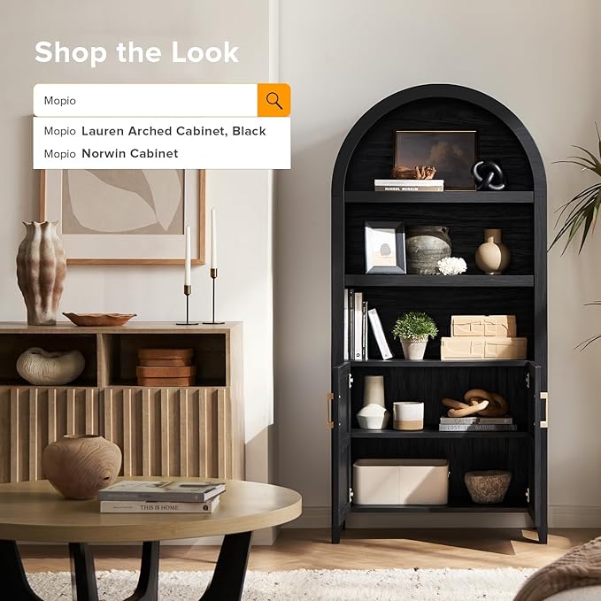 mopio Lauren 77.4" Tall Arched Cabinet, 5-Tier Arched Bookcase with Doors and Adjustable Shelves, Arch Bookshelf with Storage, Wooden Storage Cabinet for Living Room and Kitchen Pantry Set of 2, Black