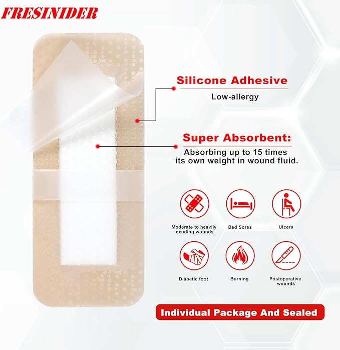 FRESINIDER 2" x 5" Pack of 10 Silicone Foam Wound Dressing - Waterproof Adhesive Bandages with Bordered - Super Absorbent & Breathable for Optimal Wound Care